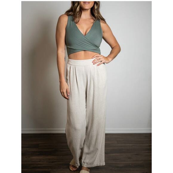 SOZY Alessia Linen Blend Cropped Pants Natural Cream Oatmeal Large - Picture 1 of 6